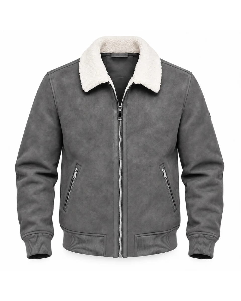 Wildlederjacke für Herren – Grau / Cremefarbener Kragen – Kontrastkragen und Reißverschluss