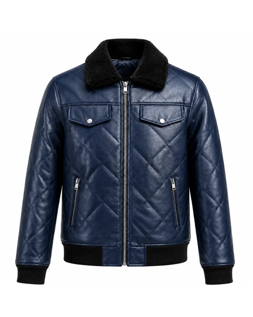 Chaqueta de cuero para hombre – Azul marino – acolchado de rombos