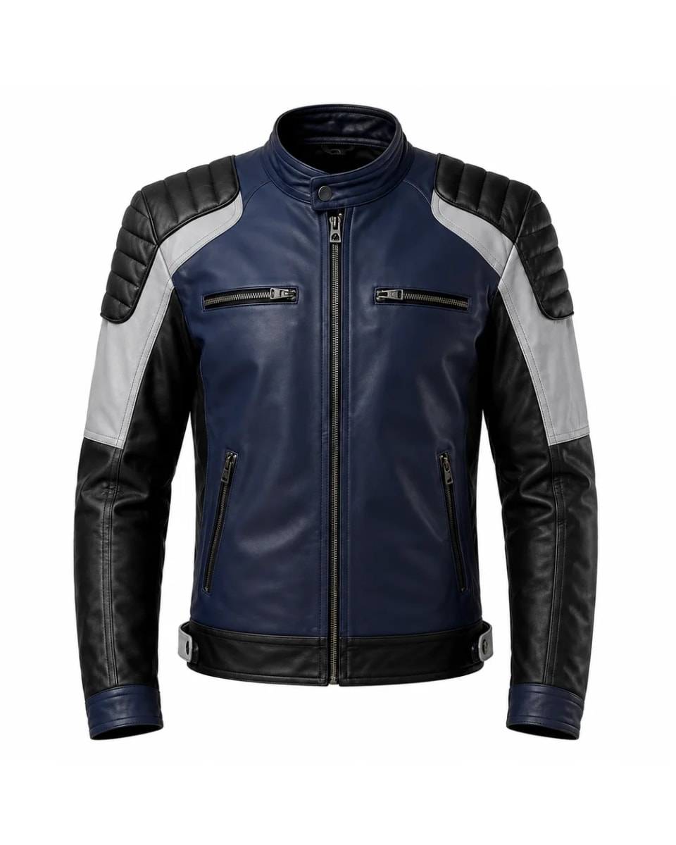 Veste en cuir pour homme – Bleu marine / Gris / Noir – construction à empiècements