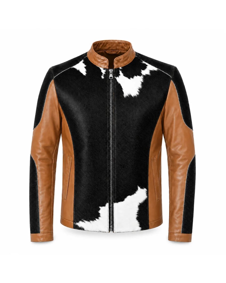 Chaqueta de cuero para hombre – Cuero tostado / Negro / Marfil – tres paneles y cremallera