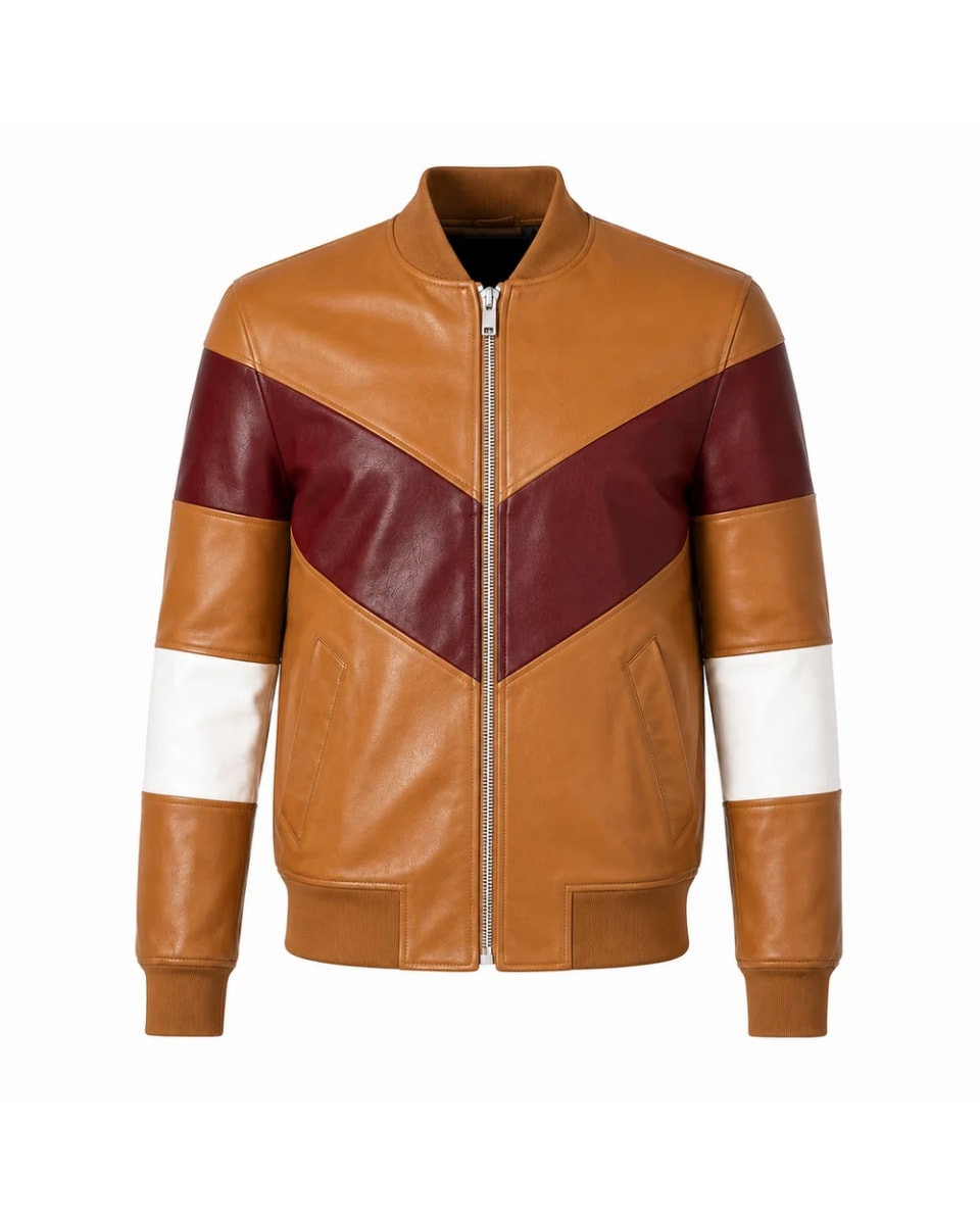 Lederjacke für Herren – Hellbraun / Bordeaux / Weiß – V-förmige Einsätze im College-Stil
