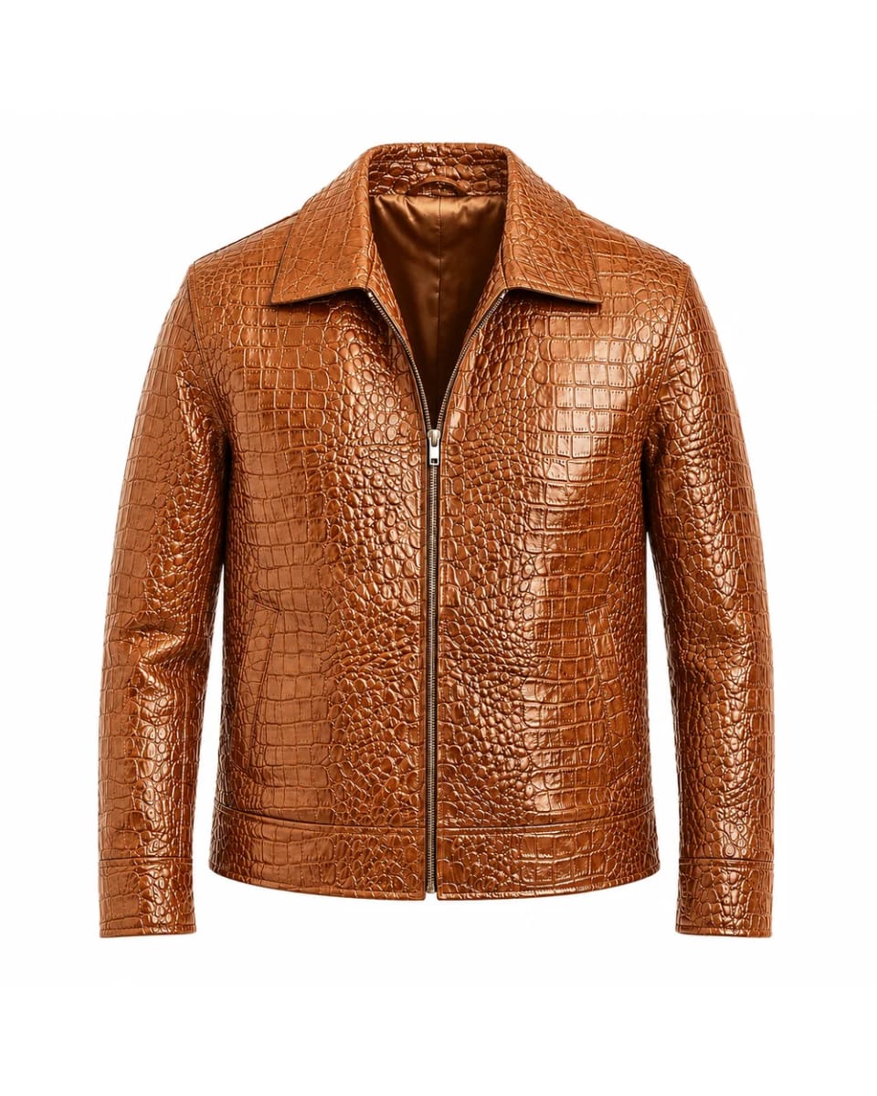 Giacca in pelle da uomo – Cuoio – effetto coccodrillo e zip