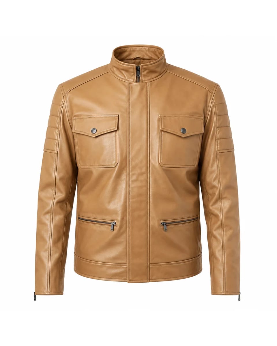 Lederjacke für Herren – Hellbraun – vier Taschen im Café-Racer-Stil