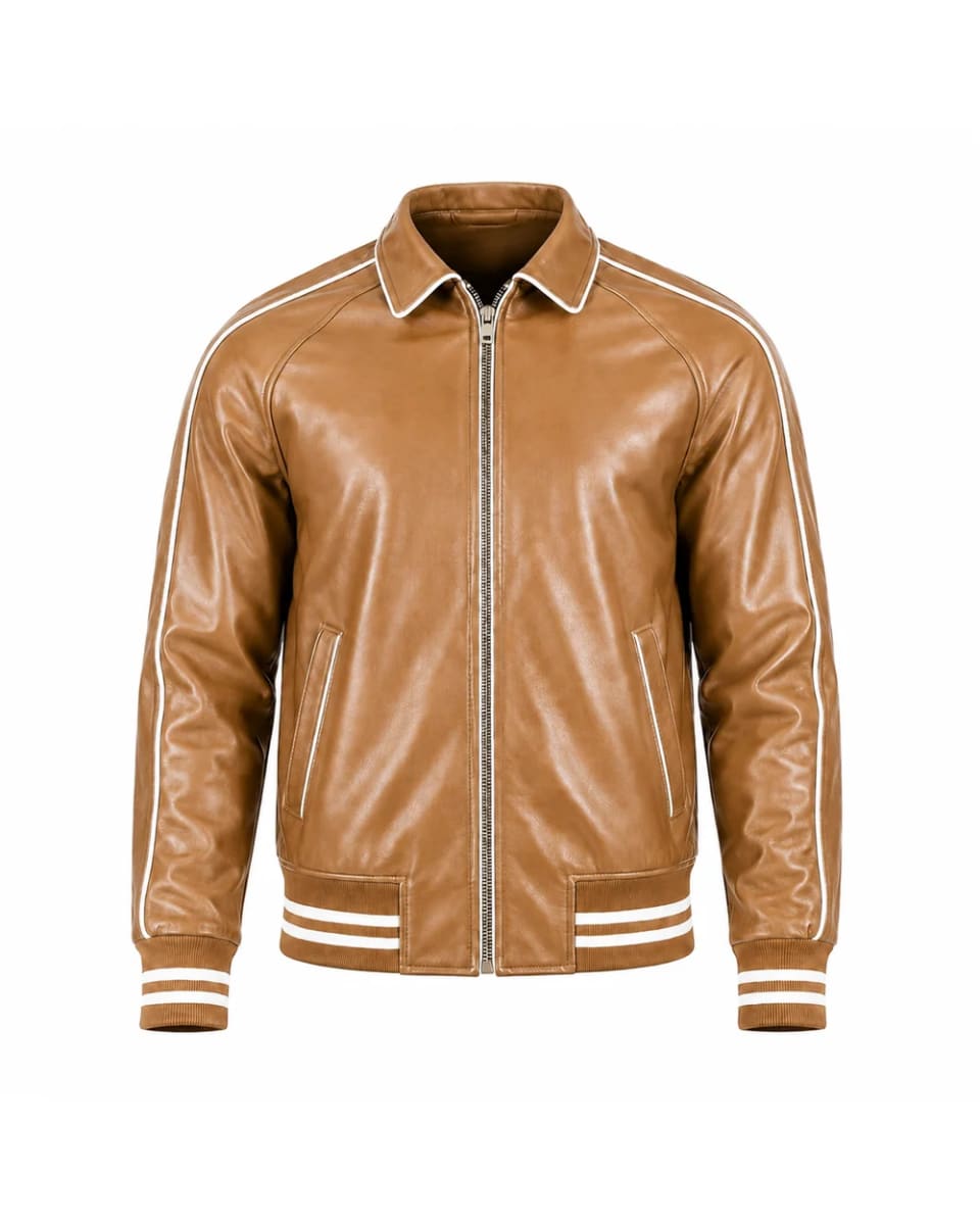Chaqueta de cuero para hombre – Cuero tostado – ribetes a rayas