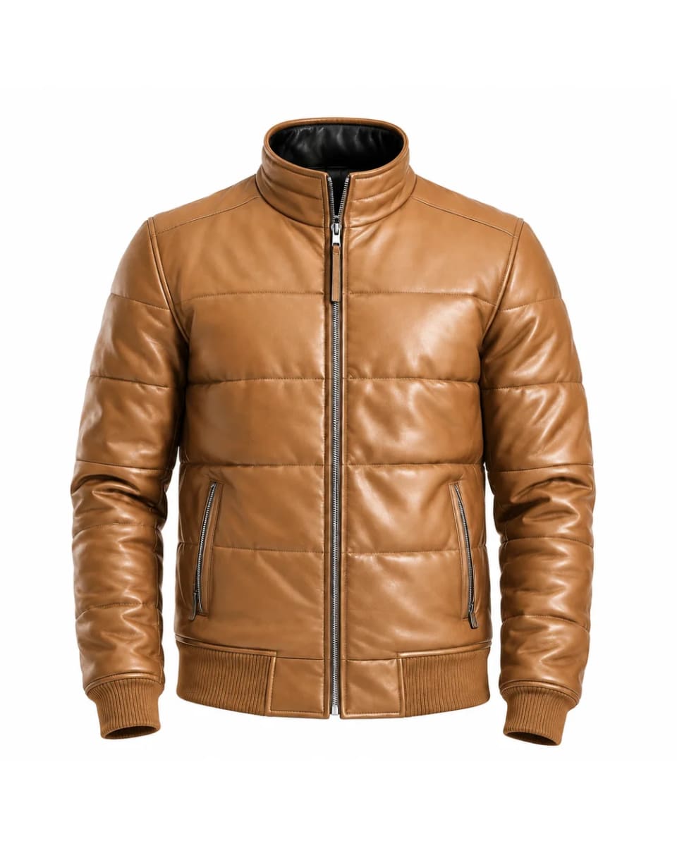 Veste en cuir pour homme – Fauve – col montant et coupe matelassée