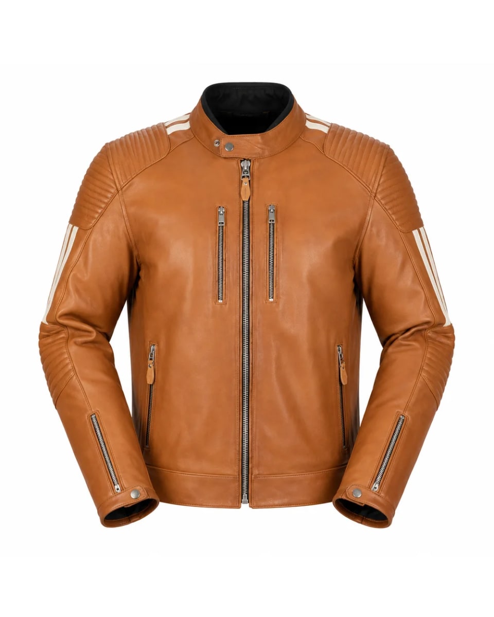 Giacca in pelle da uomo – Cuoio – righe sulle maniche, stile café racer