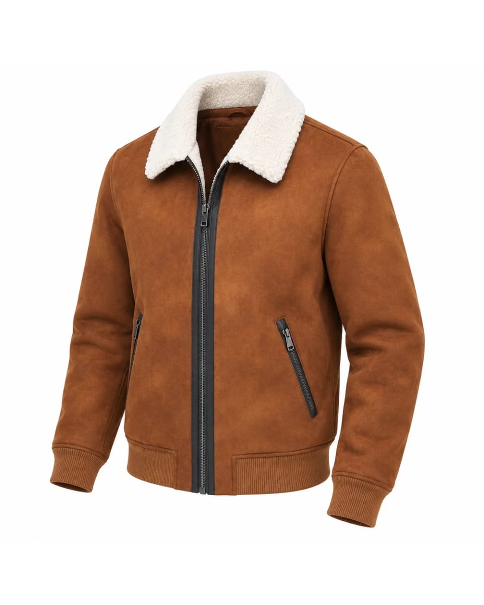 Veste en daim pour homme – Fauve / Col crème – col crème et zip