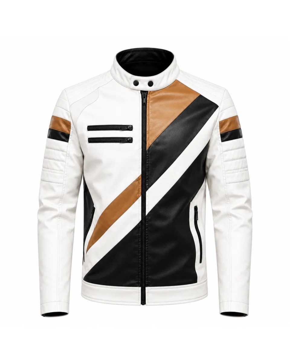 Lederjacke für Herren – Weiß / Schwarz / Hellbraun – Colorblock im Biker-Stil