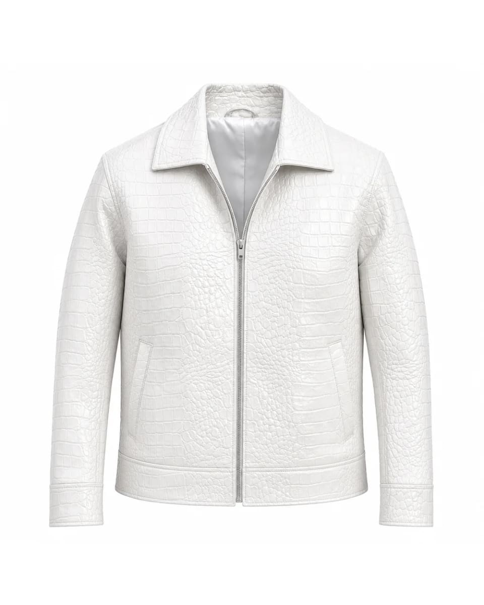 Chaqueta de cuero para hombre – Blanco – efecto cocodrilo y cremallera