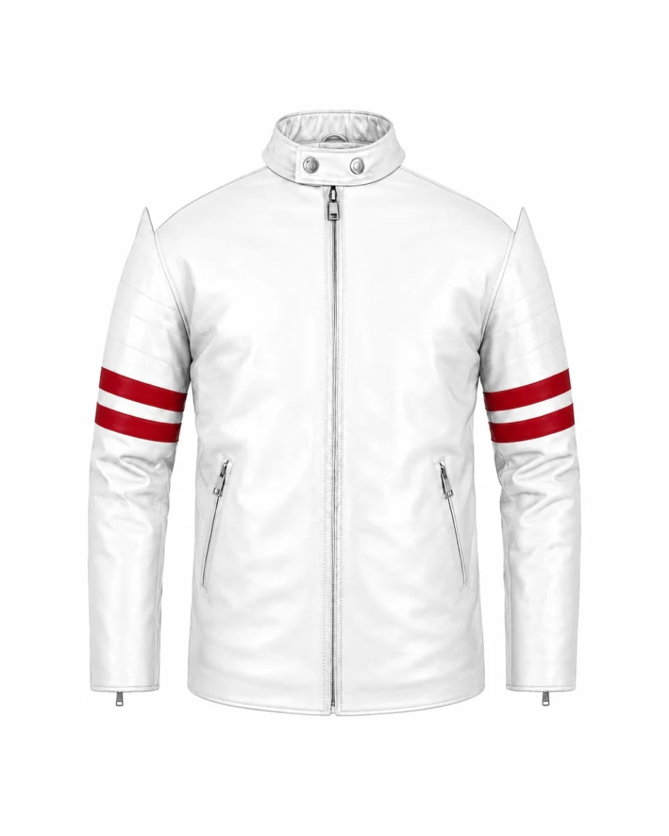 Chaqueta de cuero para hombre – Blanco – doble franja, estilo motorista