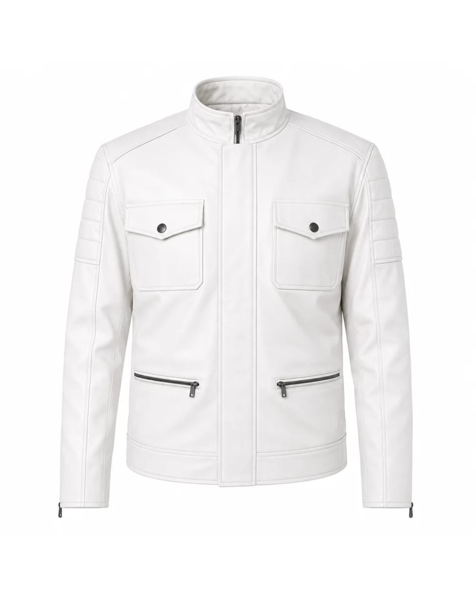 Chaqueta de cuero para hombre – Blanco – cuatro bolsillos, estilo café racer