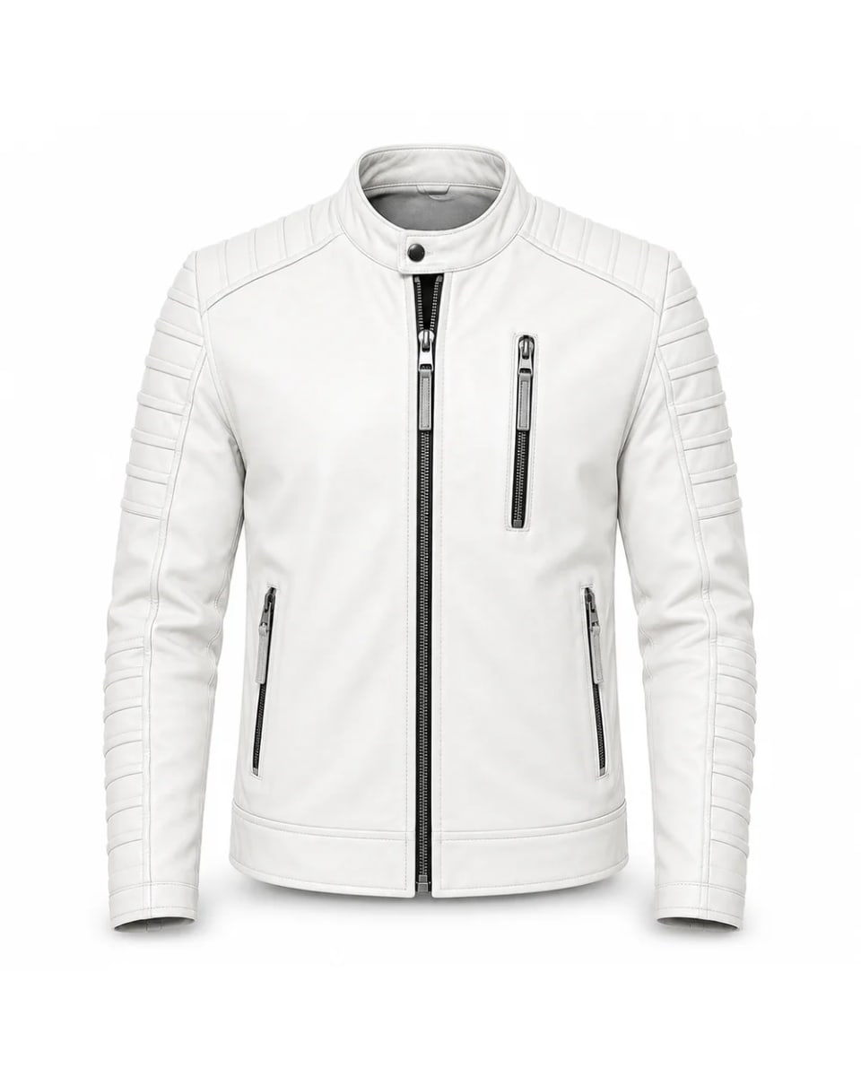 Veste en cuir pour homme – Blanc – manches matelassées et zip, style motard