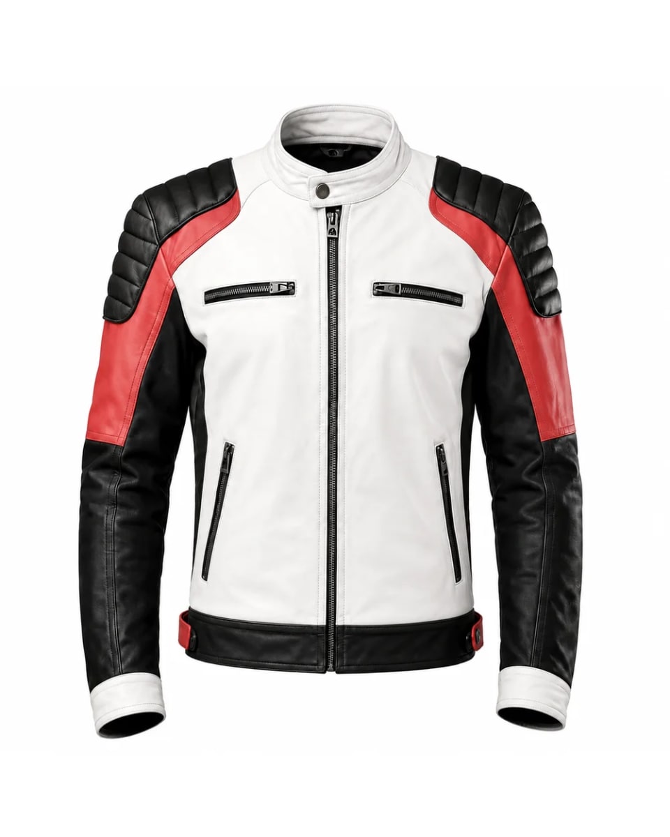 Giacca in pelle da uomo – Bianco / Rosso / Nero – design a pannelli