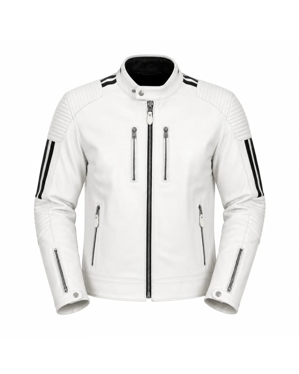 Lederjacke für Herren – Weiß – Ärmelstreifen im Café-Racer-Stil