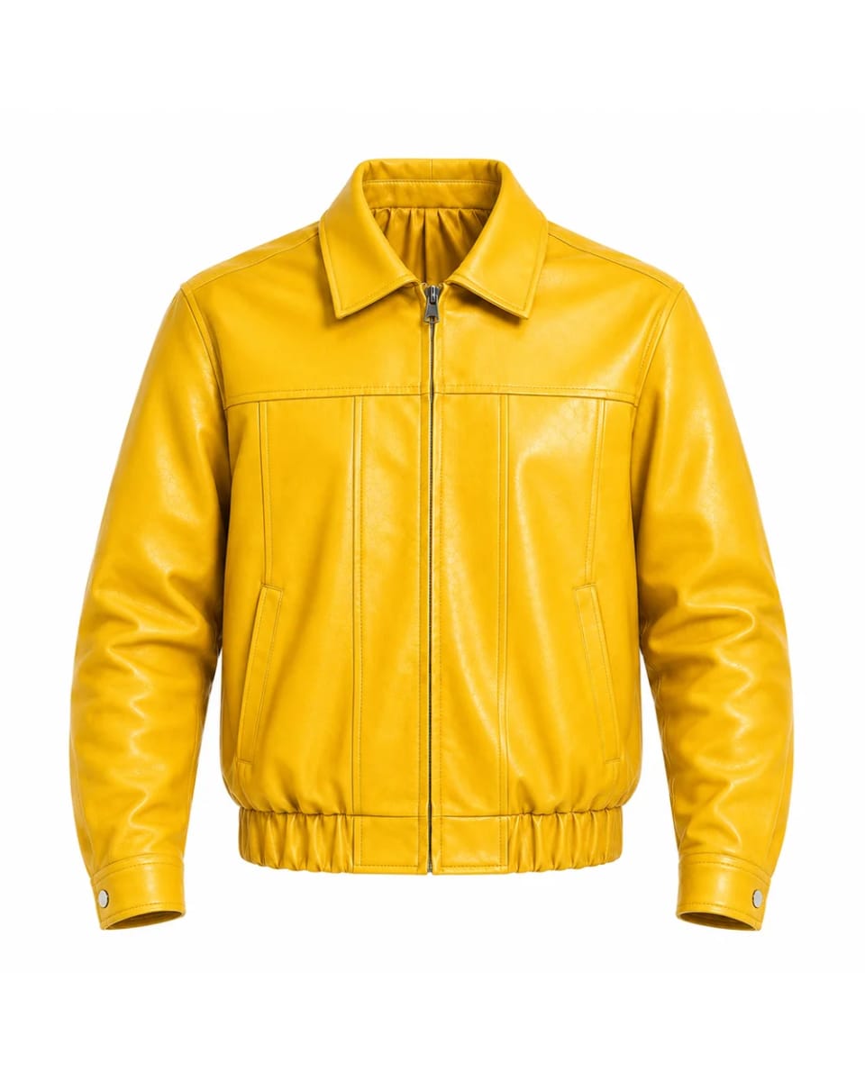 Veste en cuir pour homme – Jaune / Croix noire – motif croisé au dos et zip