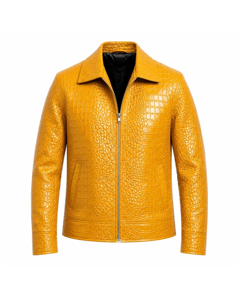 Veste en cuir pour homme – Jaune – effet crocodile et fermeture zippée