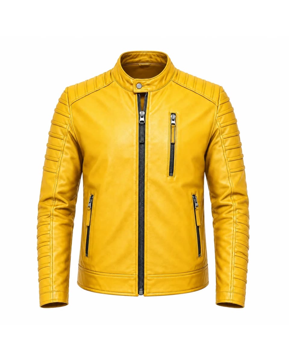 Chaqueta de cuero para hombre – Amarillo – mangas acolchadas y cremallera, estilo motero
