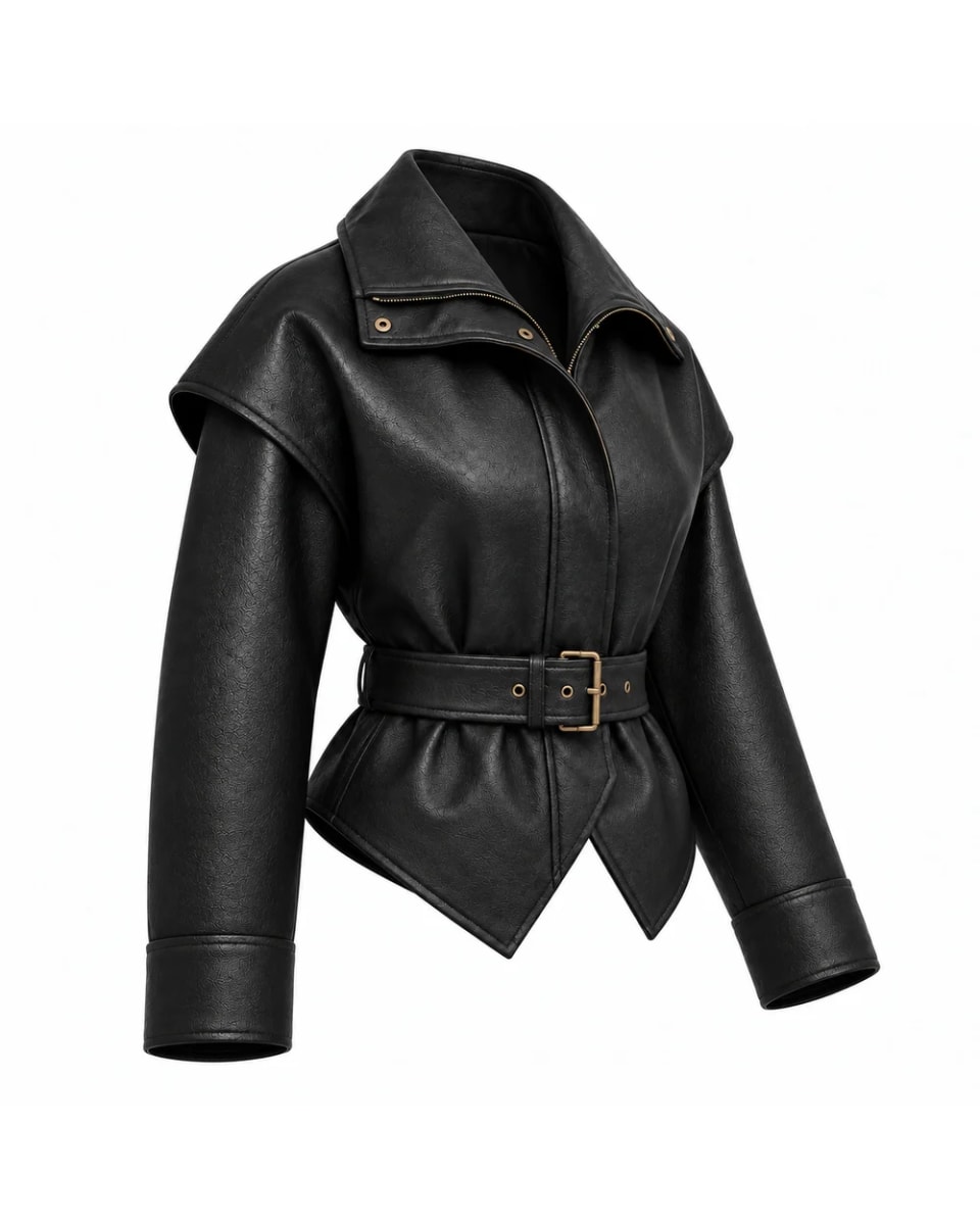 Lederjacke für Damen – Schwarz – Cape-Schultern und Gürtel
