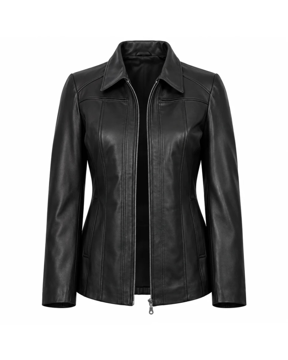 Giacca in pelle da donna – Nero – collo e chiusura con zip