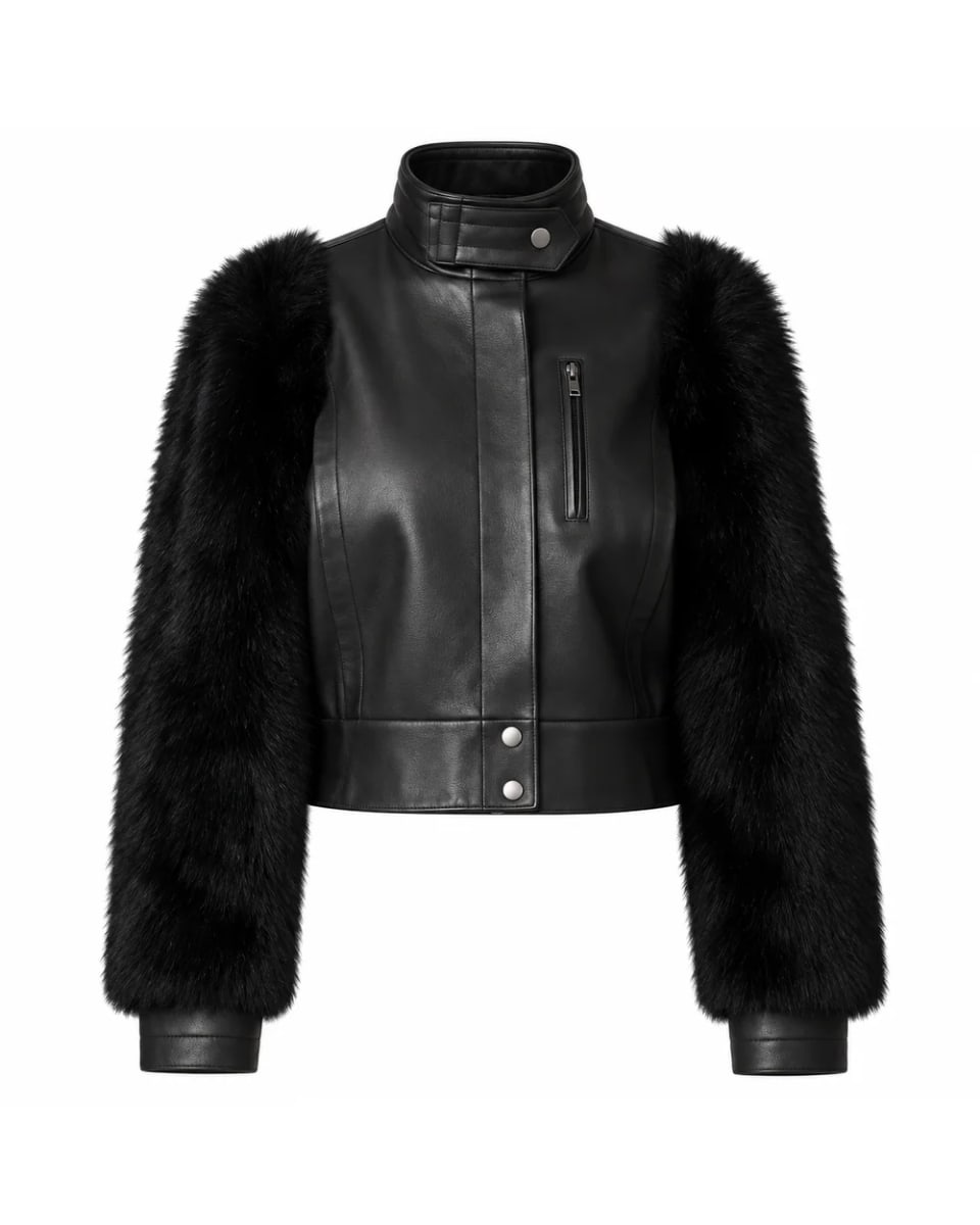 Veste en cuir pour femme – Noir – manches à garniture de fourrure contrastée