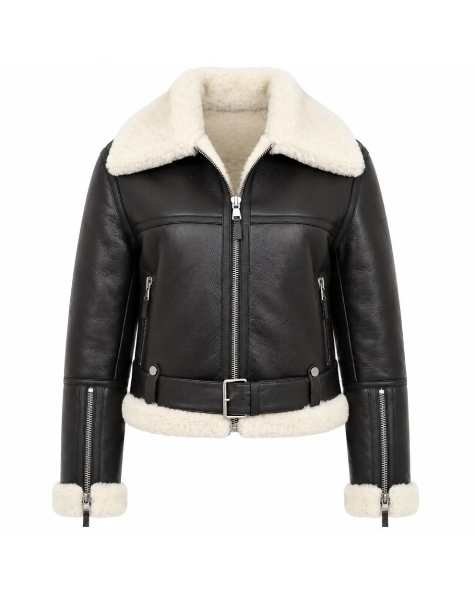 Chaqueta de cuero para mujer – Negro – ribetes crema y bolsillos con cremallera