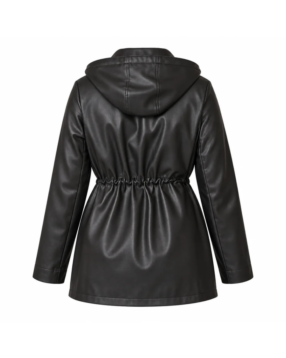 Giacca in pelle da donna – Nero – cappuccio e coulisse in vita