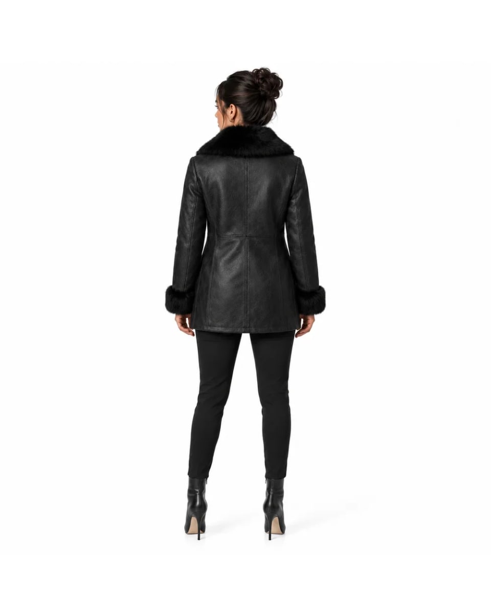 Ledermantel für Damen – Schwarz – Einsätze und Fellkragen