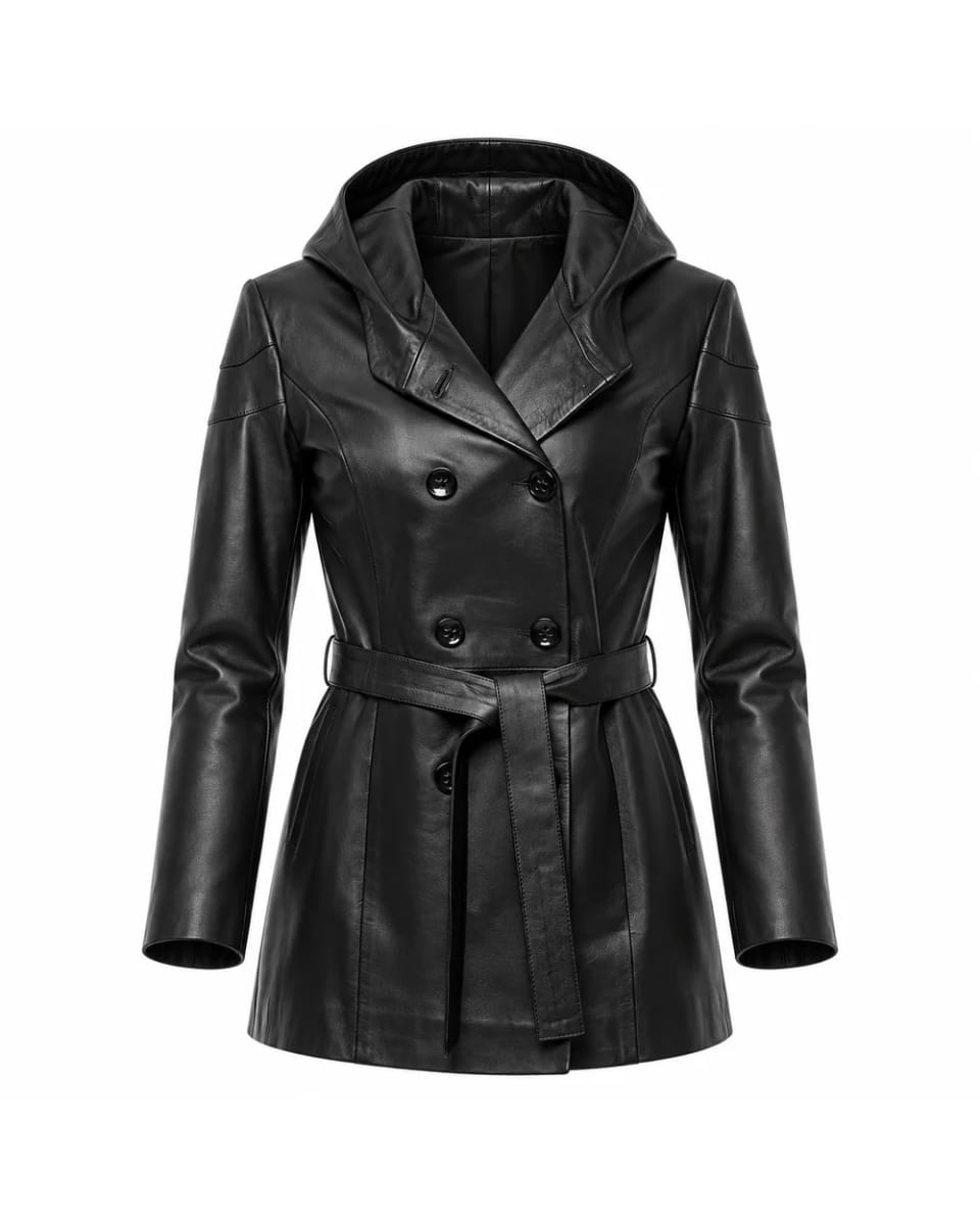 Cappotto in pelle da donna – Nero – cappuccio, cintura e taglio svasato