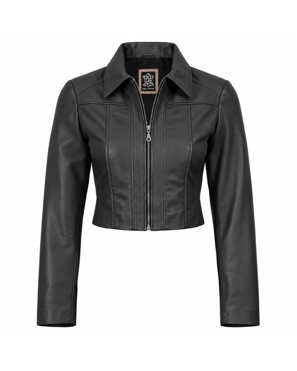 Veste en cuir pour femme – Noir – coupe courte, empiècements et zip