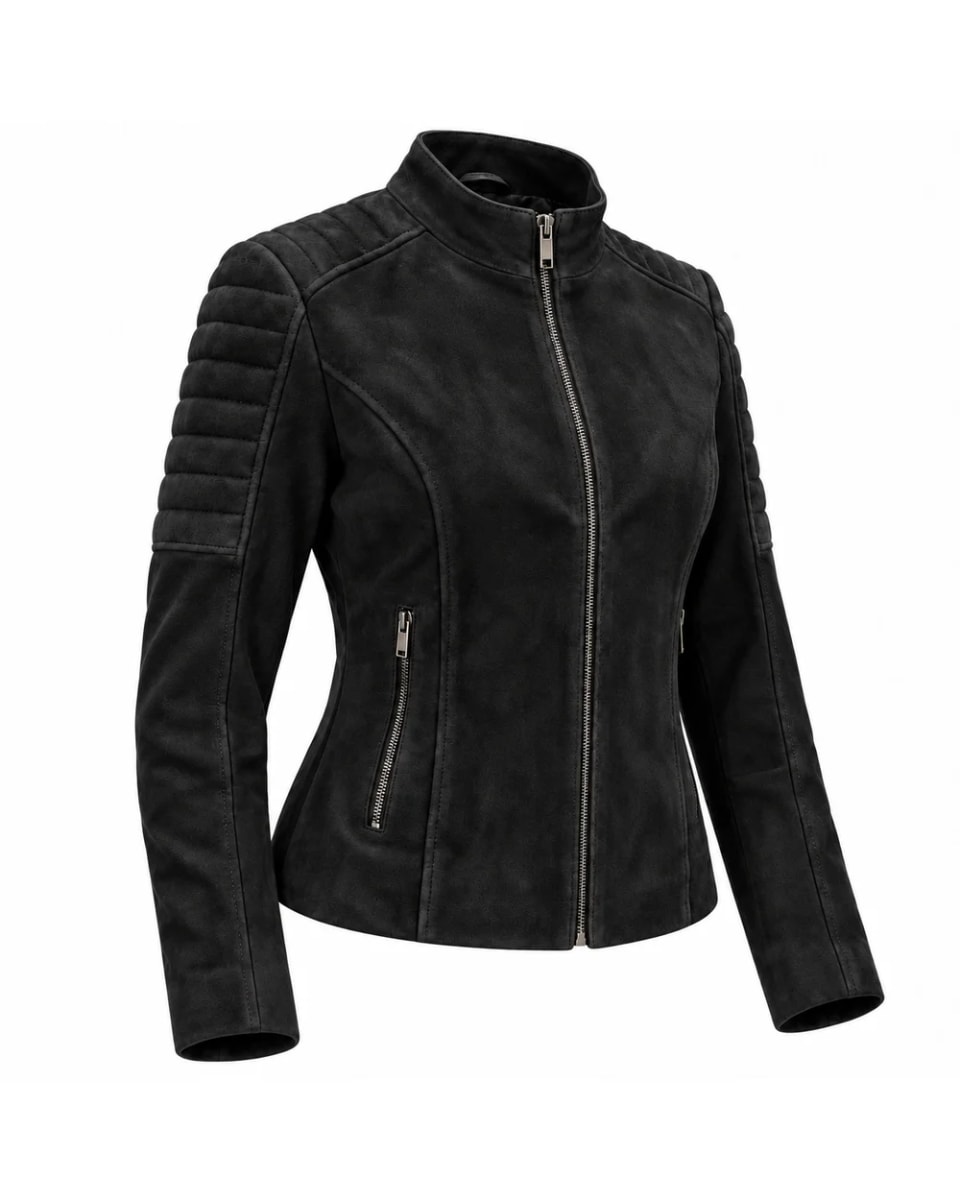 Wildlederjacke für Damen – Schwarz – gesteppte Schultern