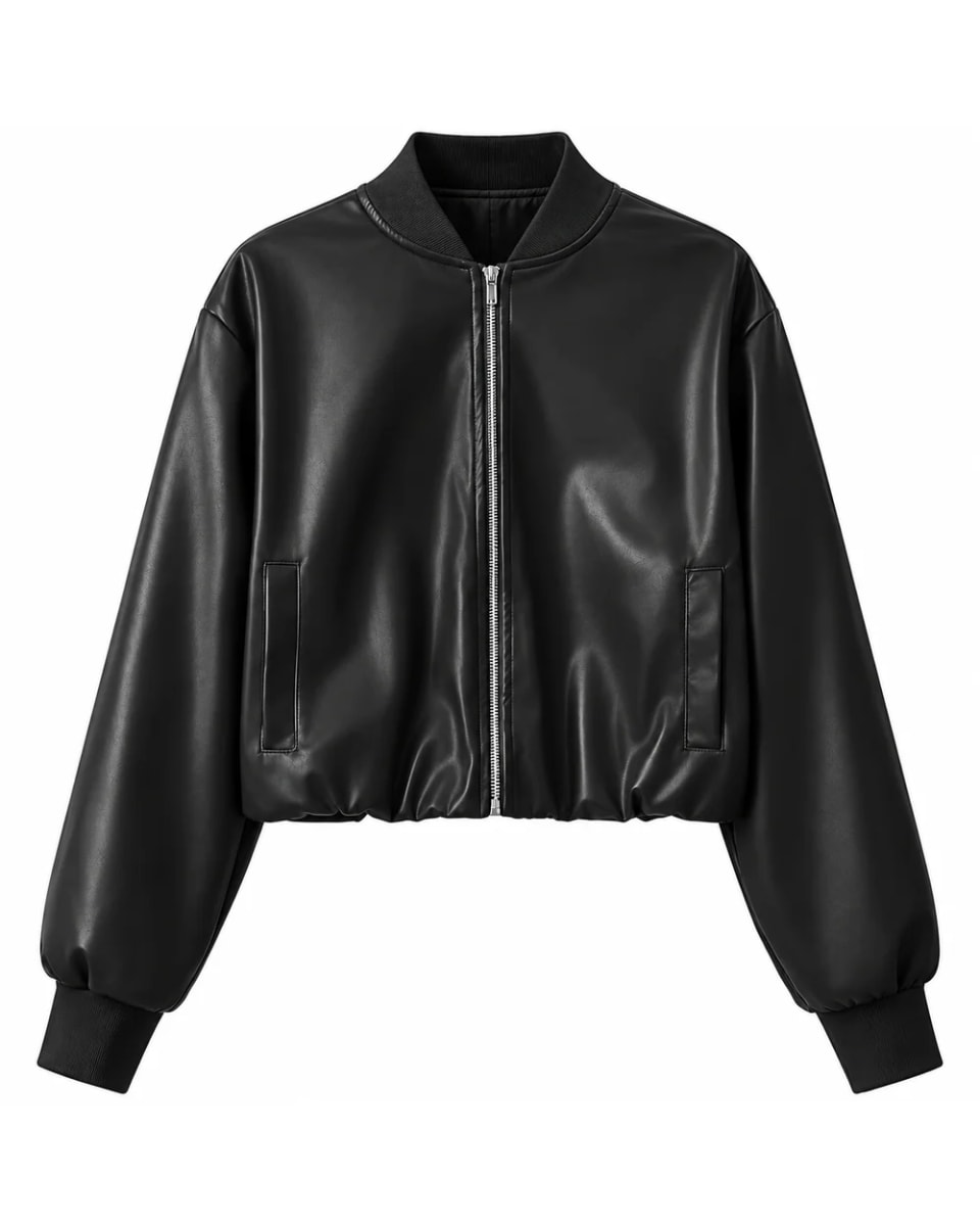 Veste en cuir pour femme – Noir – zip devant, style bomber