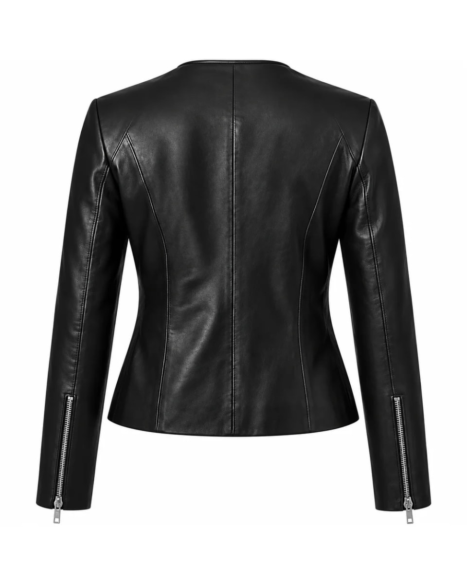 Giacca in pelle da donna – Nero – scollo rotondo
