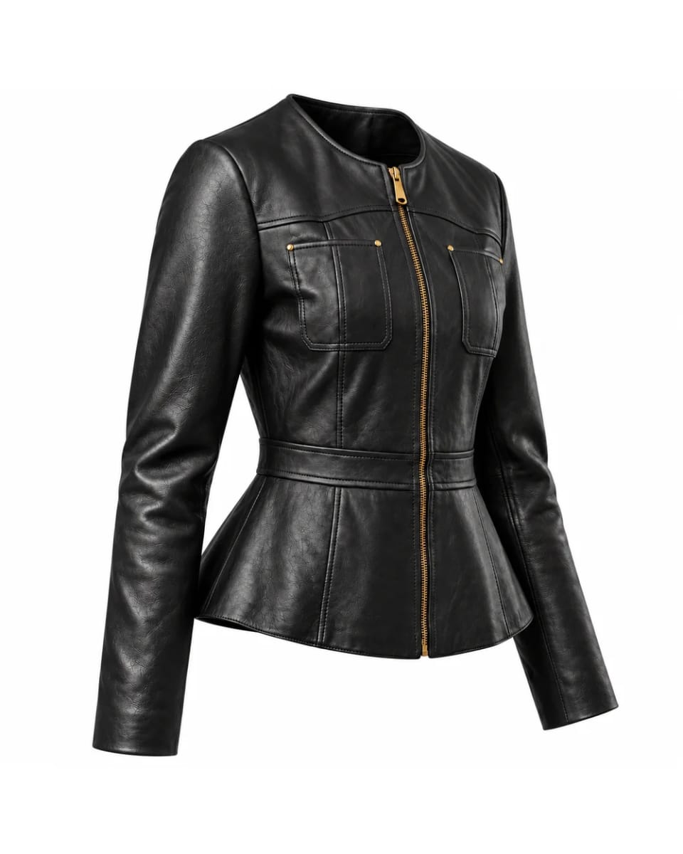 Top de cuero para mujer – Negro – costura en la cintura y cremallera