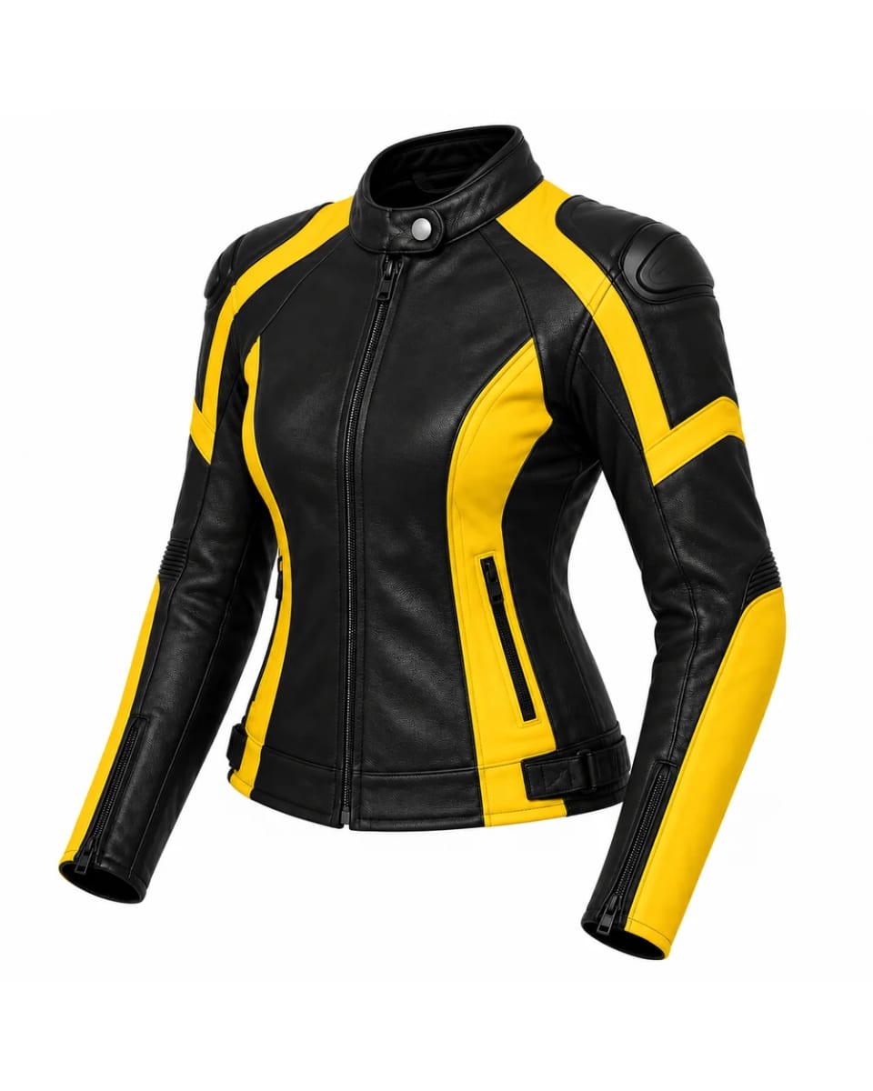Lederjacke für Damen – Schwarz / Gelb – geformte Streifen im Motorrad-Stil