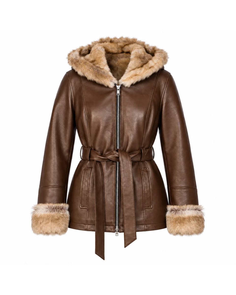 Manteau en cuir pour femme – Marron – capuche, garniture de fourrure et ceinture