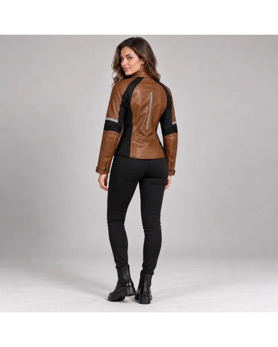 Giacca in pelle da donna – Marrone / Nero – inserti a contrasto, stile motociclista