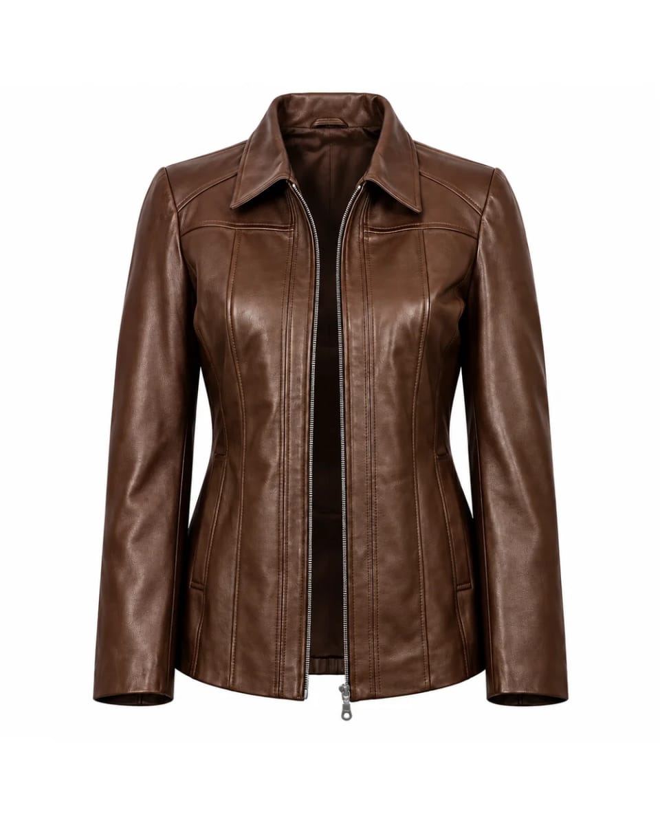 Giacca in pelle da donna – Marrone – collo e chiusura con zip