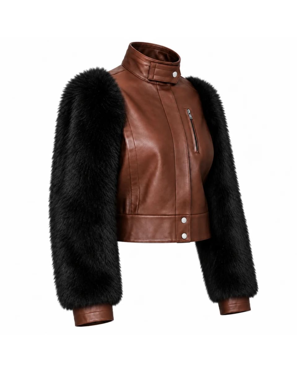 Chaqueta de cuero para mujer – Marrón – mangas con pelo a contraste