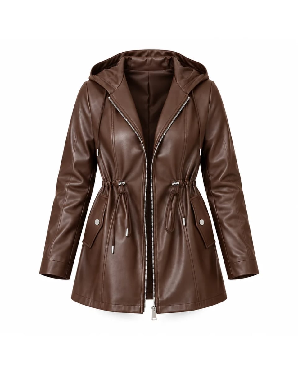 Giacca in pelle da donna – Marrone – cappuccio e coulisse in vita
