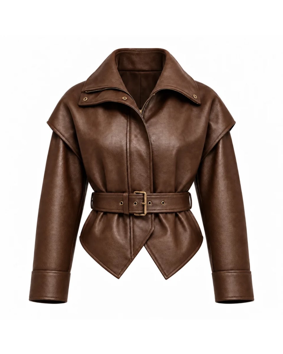 Giacca in pelle da donna – Marrone – spalle sovrapposte e cintura