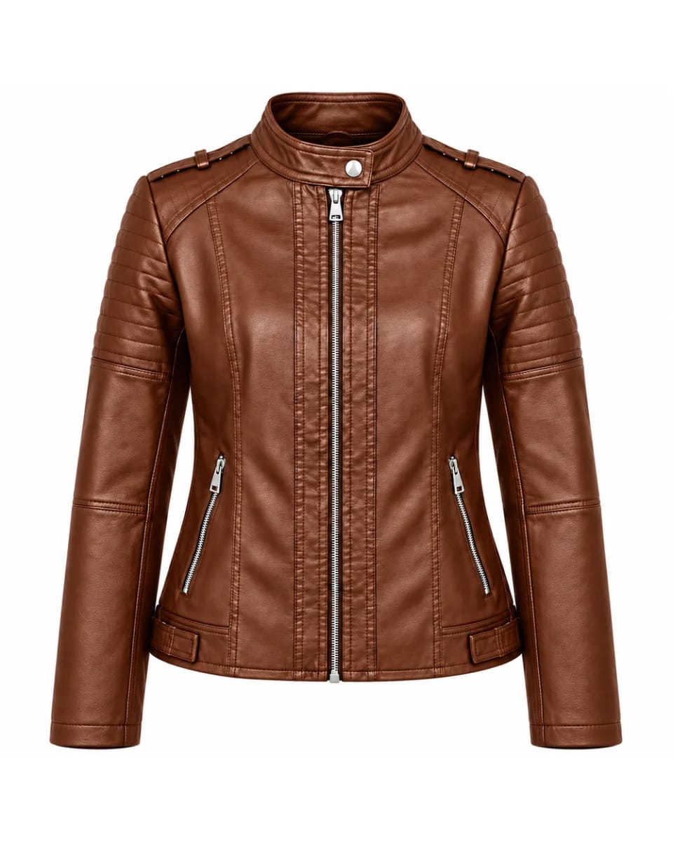 Lederjacke für Damen – Braun – Steppfelder im Biker-Stil