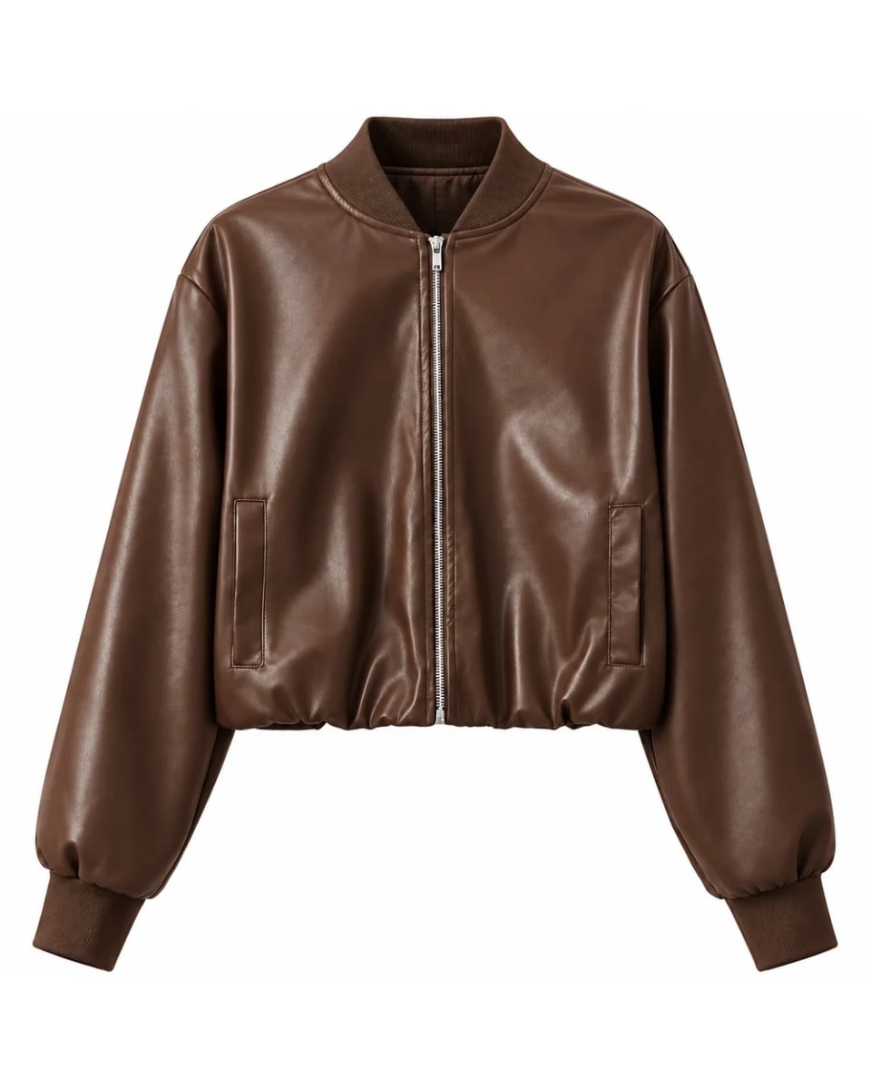 Chaqueta de cuero para mujer – Marrón – cremallera delantera, estilo bomber