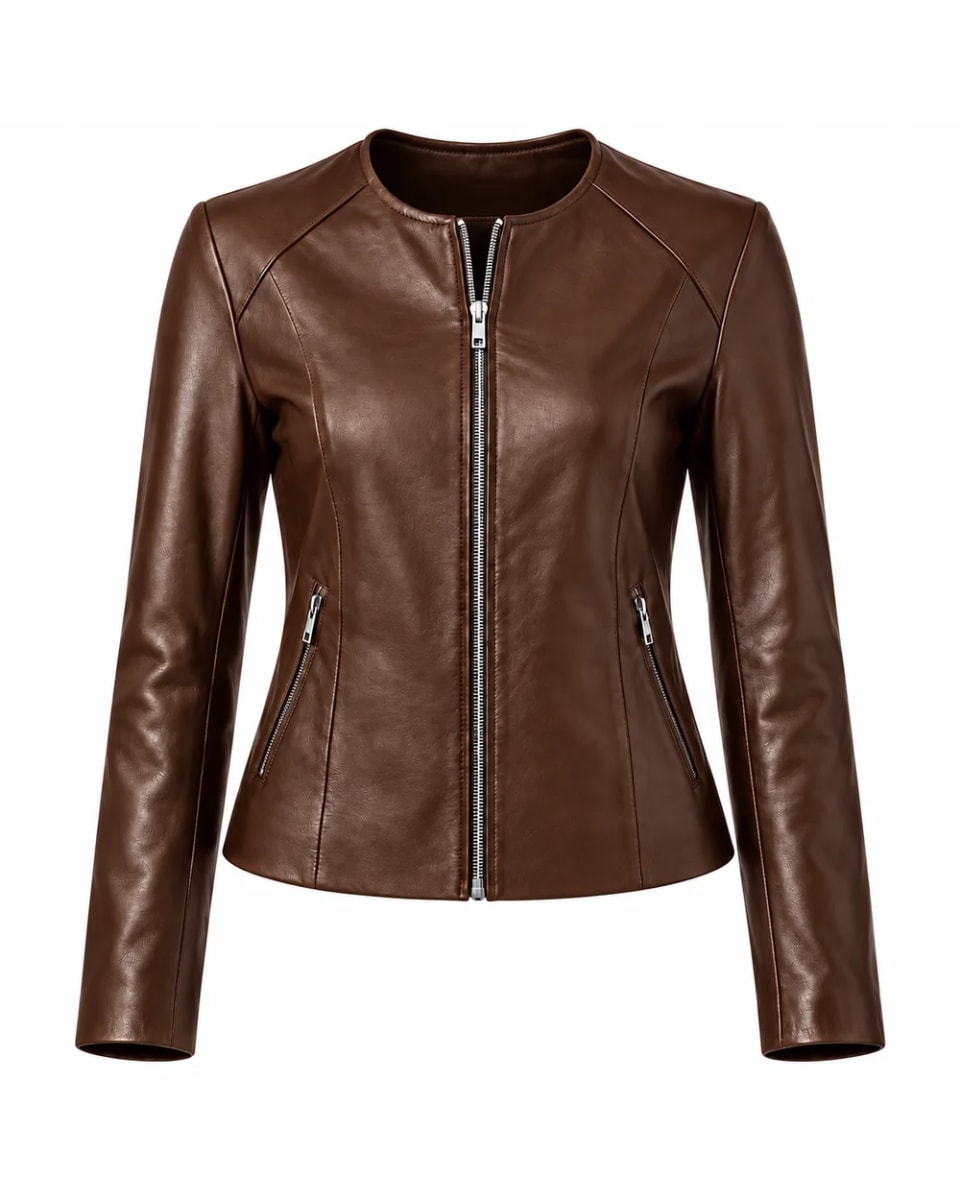 Giacca in pelle da donna – Marrone – scollo rotondo