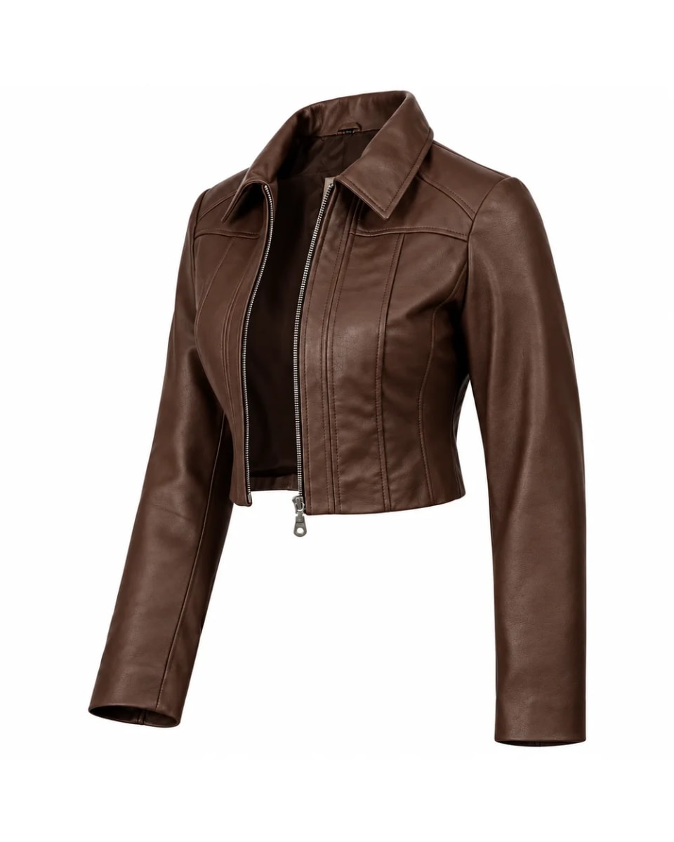 Giacca in pelle da donna – Marrone – taglio corto e collo a camicia