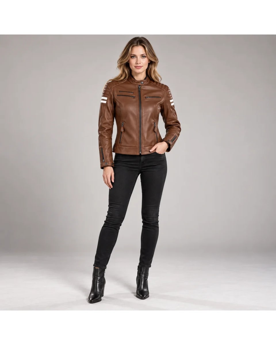 Veste en cuir pour femme – Marron – deux bandes, style moto