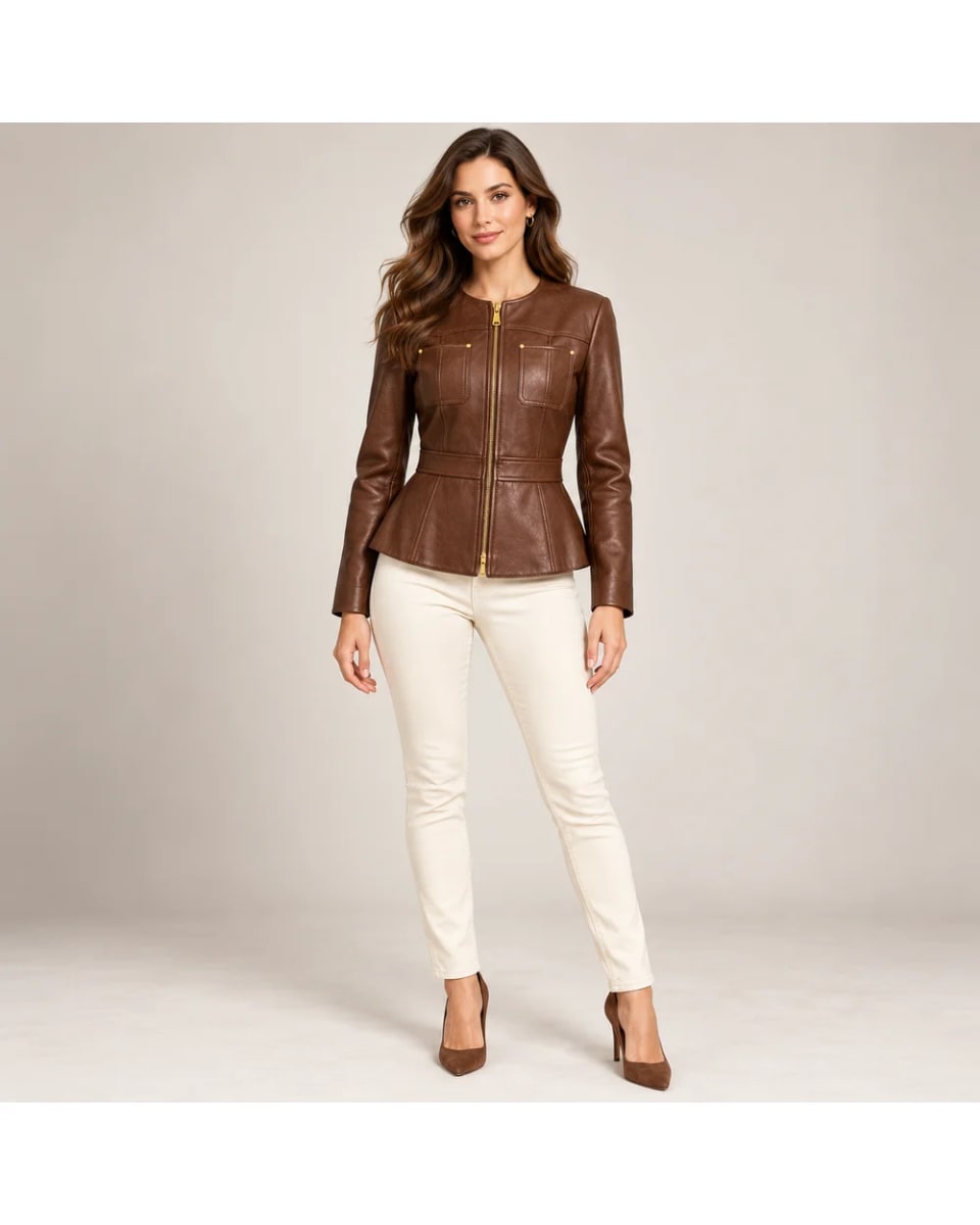 Oberteil aus Leder für Damen – Braun – Taillennaht und Reißverschluss