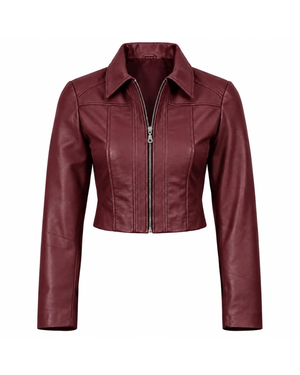 Veste en cuir pour femme – Bordeaux – coupe courte et coutures de mise en forme