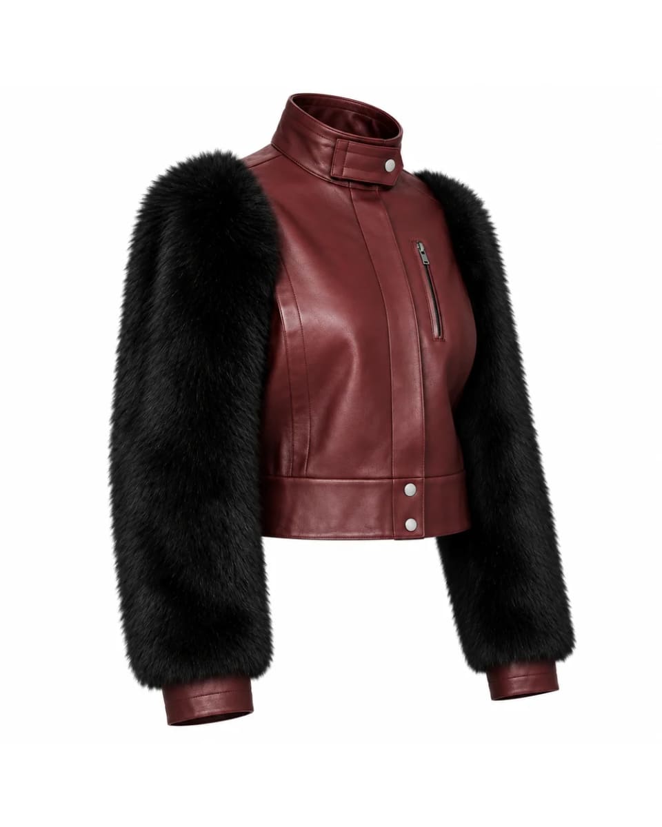 Chaqueta de cuero para mujer – Burdeos – mangas con pelo a contraste