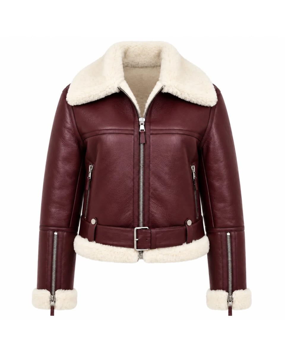 Lederjacke für Damen – Bordeaux – cremefarbene Abschlüsse und Reißverschlusstaschen