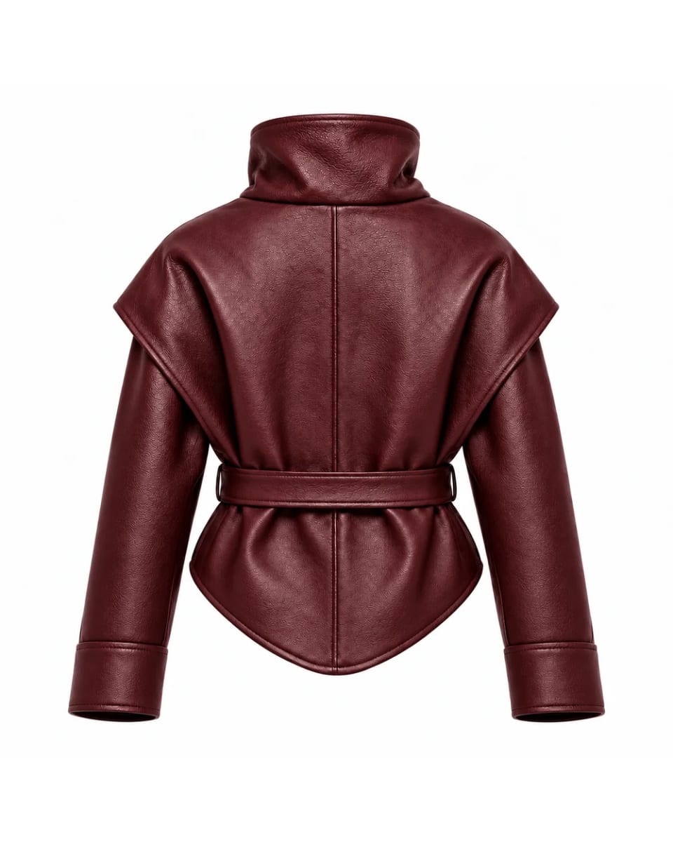 Chaqueta de cuero para mujer – Burdeos – bajo curvo y cinturón